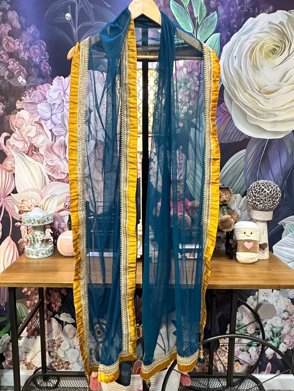Sheer Long Dupatta Scarf Wrap Beaded Tassels Boho Indian Festive Teal Gold Trim
